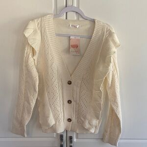 Cream Knit Ruffle-Shoulder Cardigan Sweater